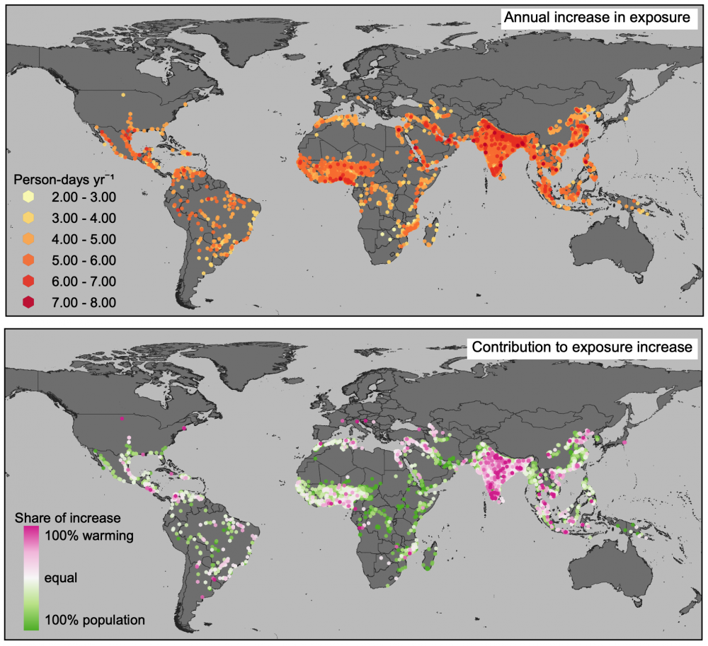 Map of increased heat exposure in person-days per year; map of contribution from warming versus population growth.